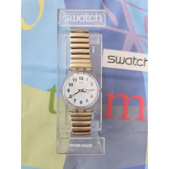 Vintage Swatch Watch MONOCULAR GK717 Daydate Dial with flex steel Band NIB - Picture 2 of 11